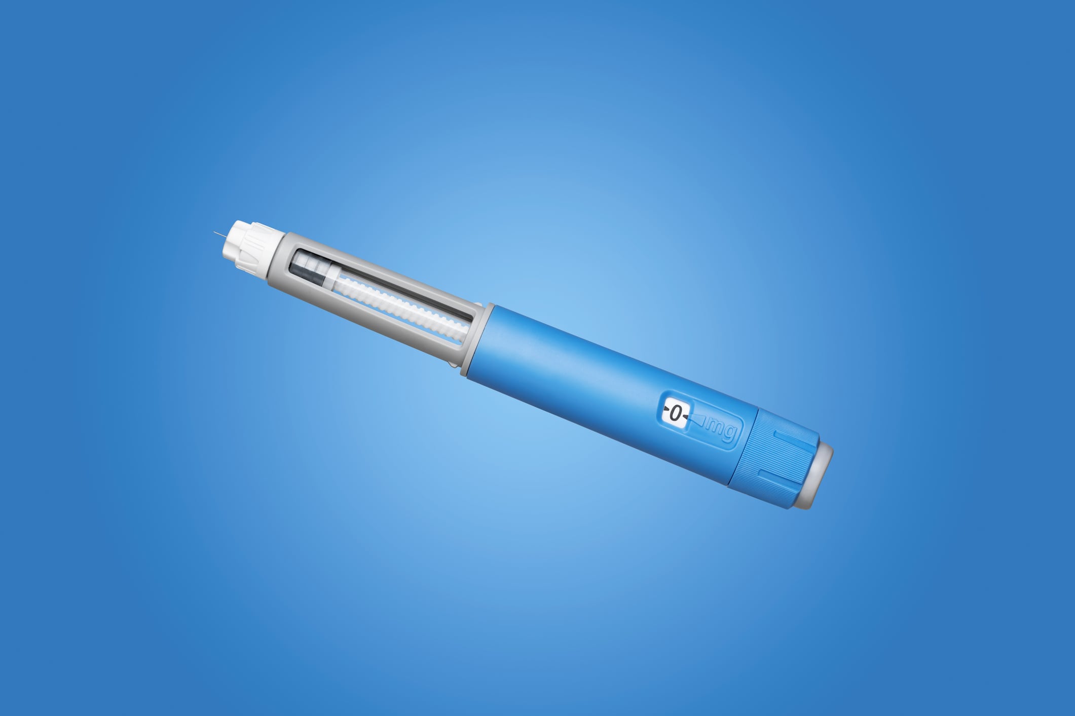 Dosing pen for subcutaneous injection of anti-diabetic medication or anti-obesity medication hovering over a blue background.