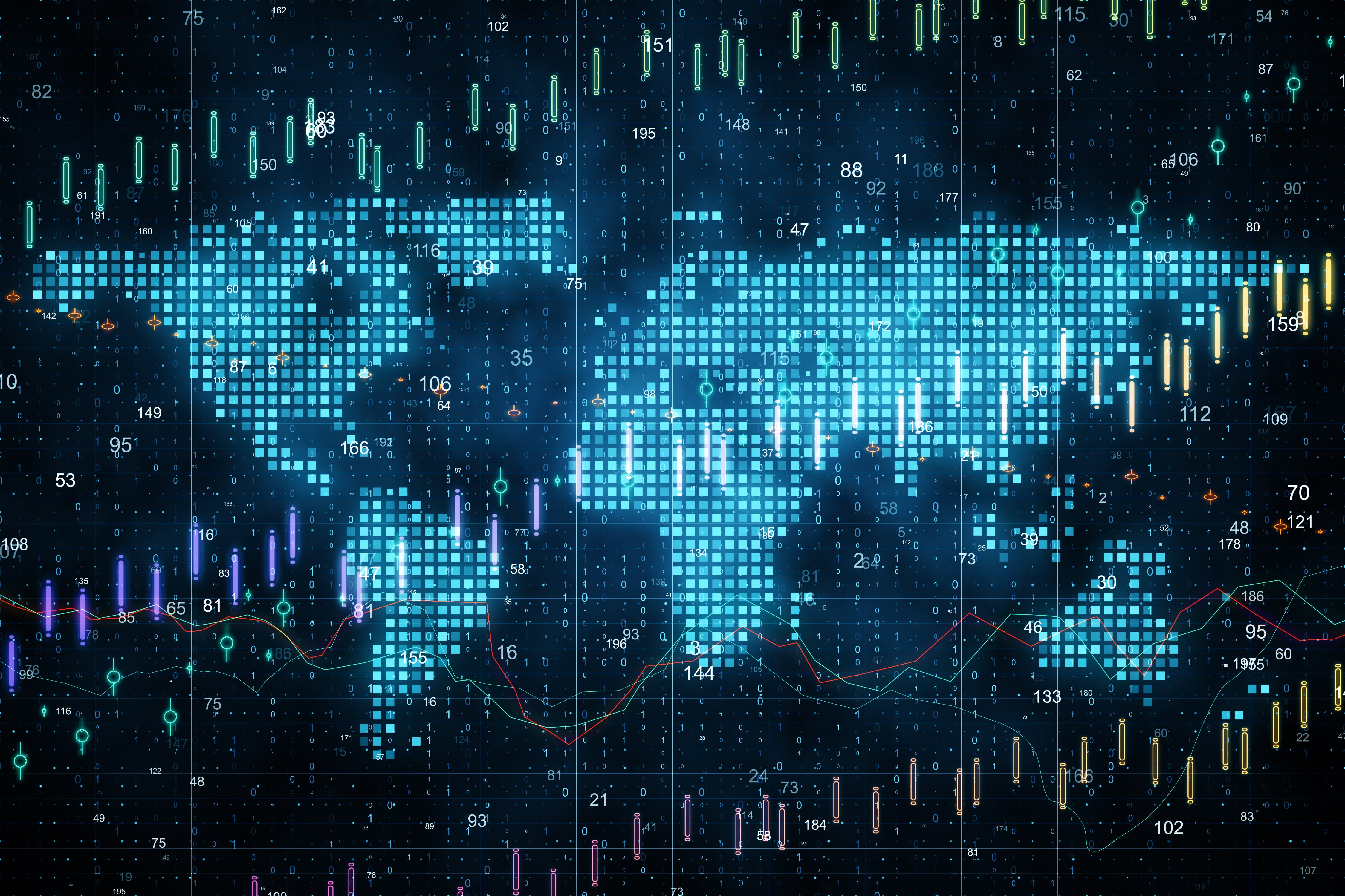 Map with glowing blurry candlestick forex chart. Global trade and broker concept. 3D Rendering