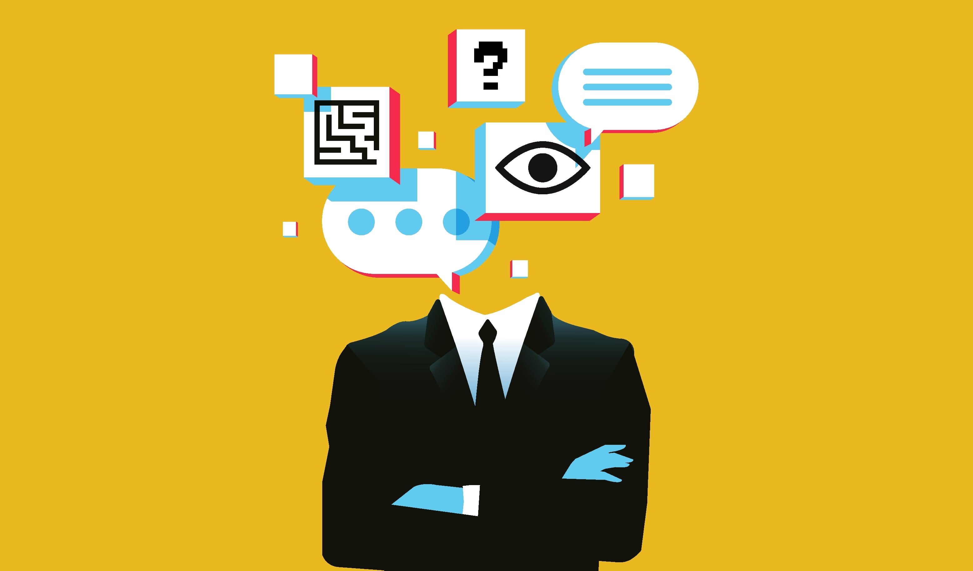 Man in suit with text bubbles and graphic elements. Chatbot, artificial intelligence in daily life concept. Vector illustration.