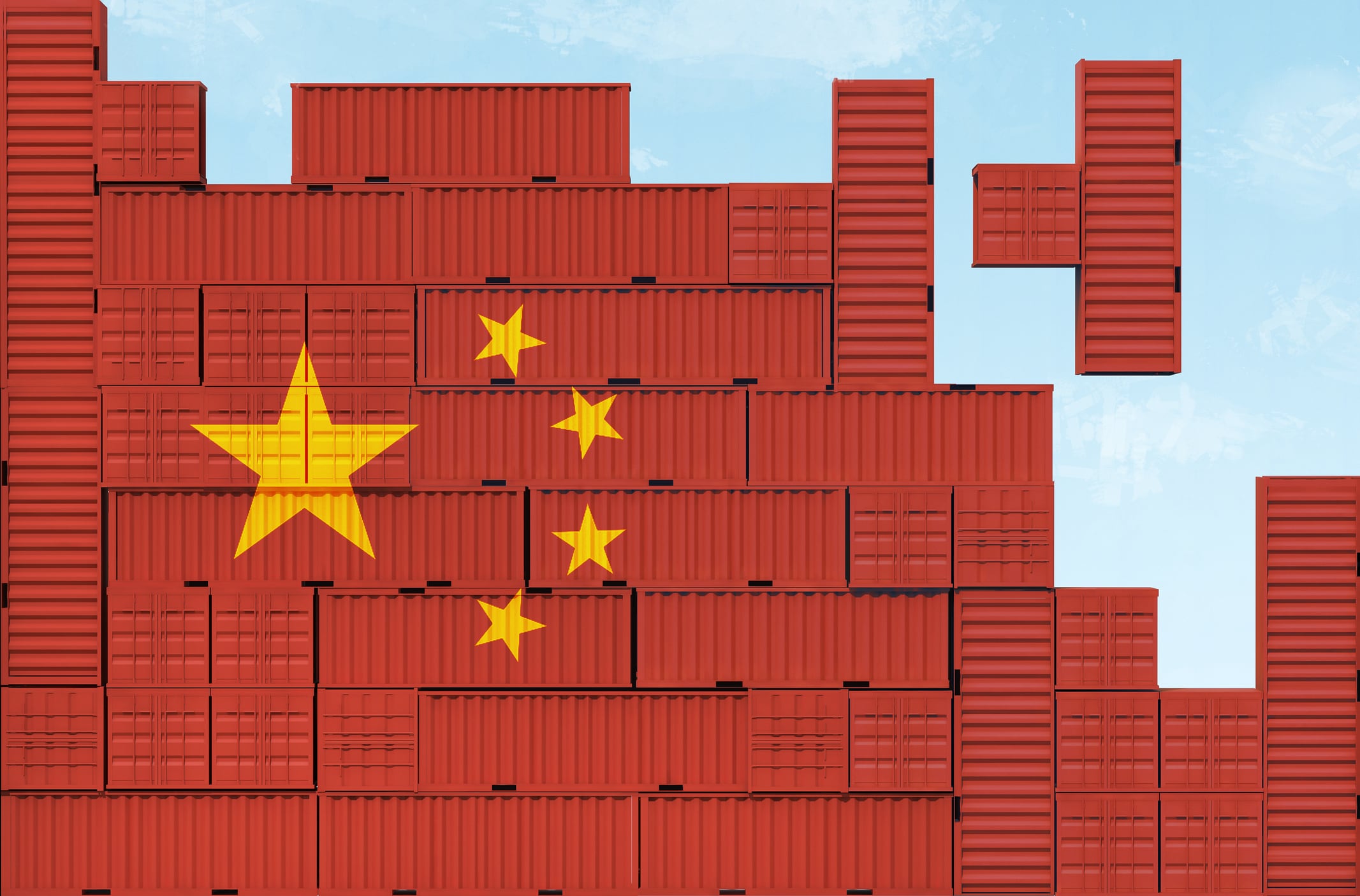Concept illustration of containers fitting as a well know computer game and a printed China flag in the background as a symbol of the problem which are suffering the global transportation of goods due to bottleneck in the shipping from China.