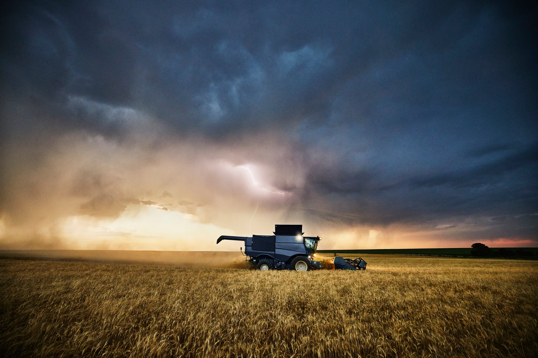 Wide shot of combine harvesting wheat with storm clouds and lightning in background during harvest on summer evening