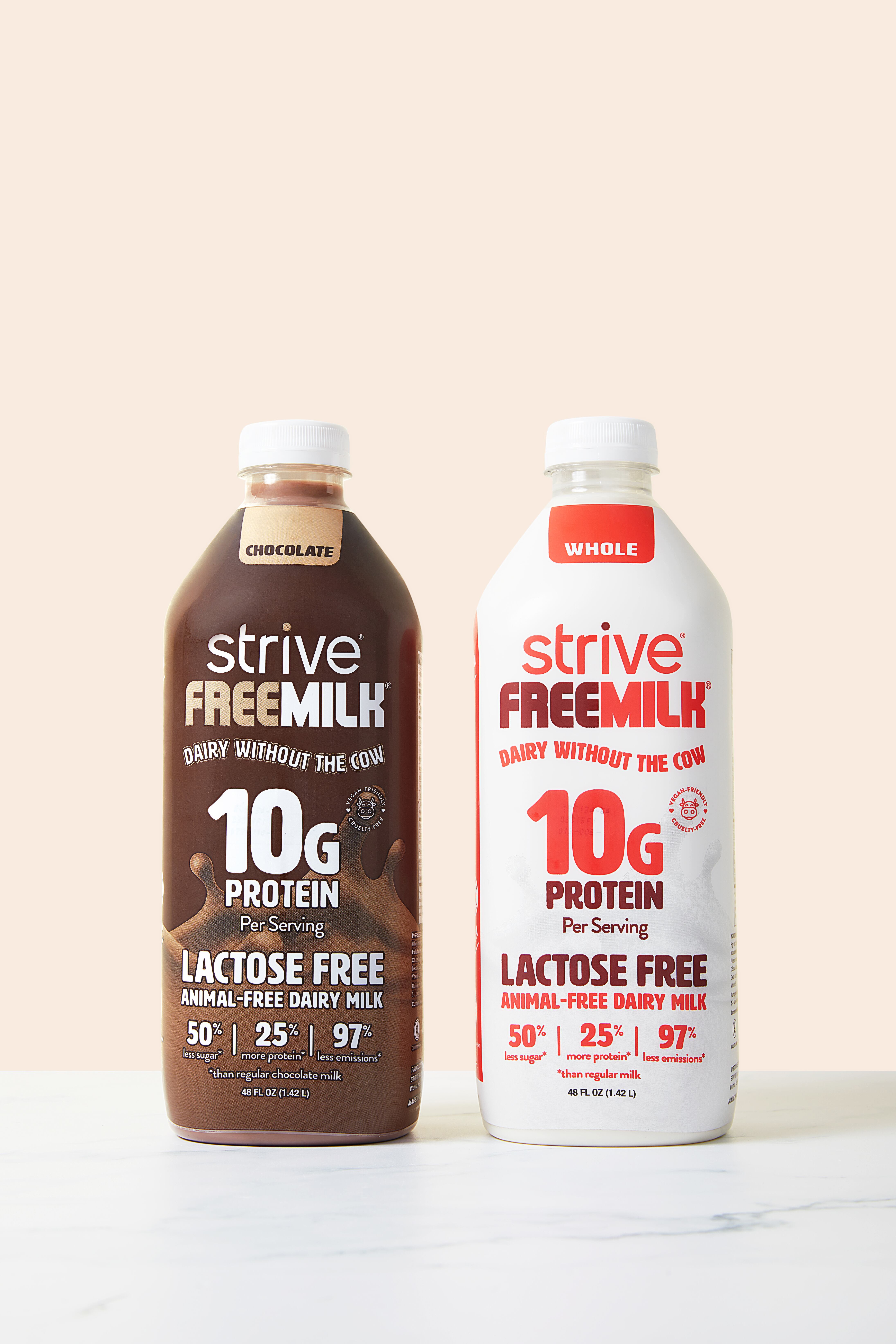 Strive Freemilk majors on protein and lactose-free claims while subtly highlighting its 'animal-free' origin.