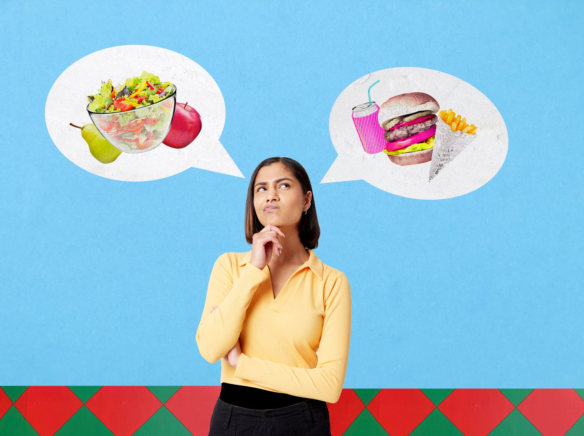 collage of woman making a decision between healthy food and unhealthy food