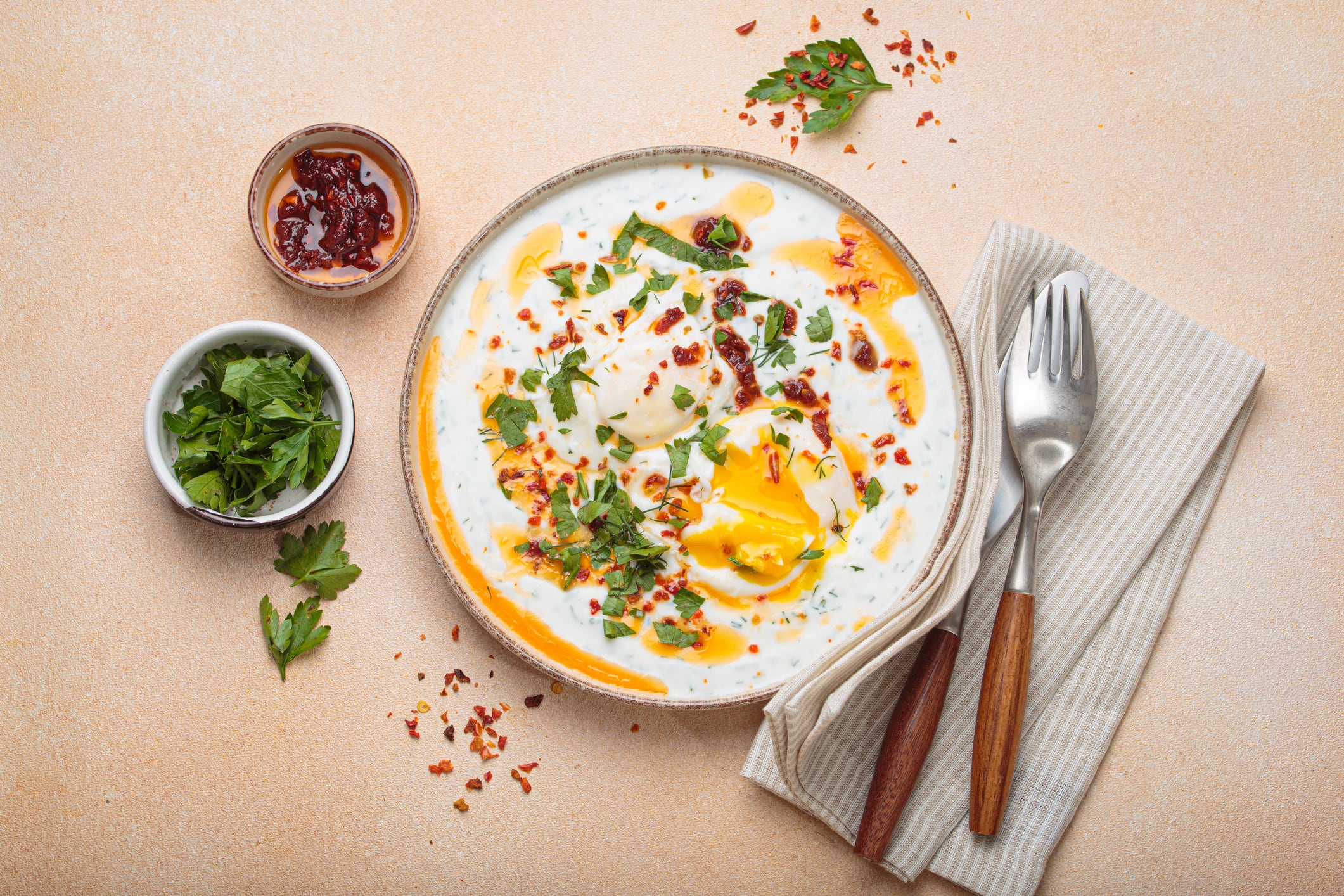 Middle East breakfast: Turkish eggs cilbir, a delicious and colourful breakfast with poached eggs on yogurt
