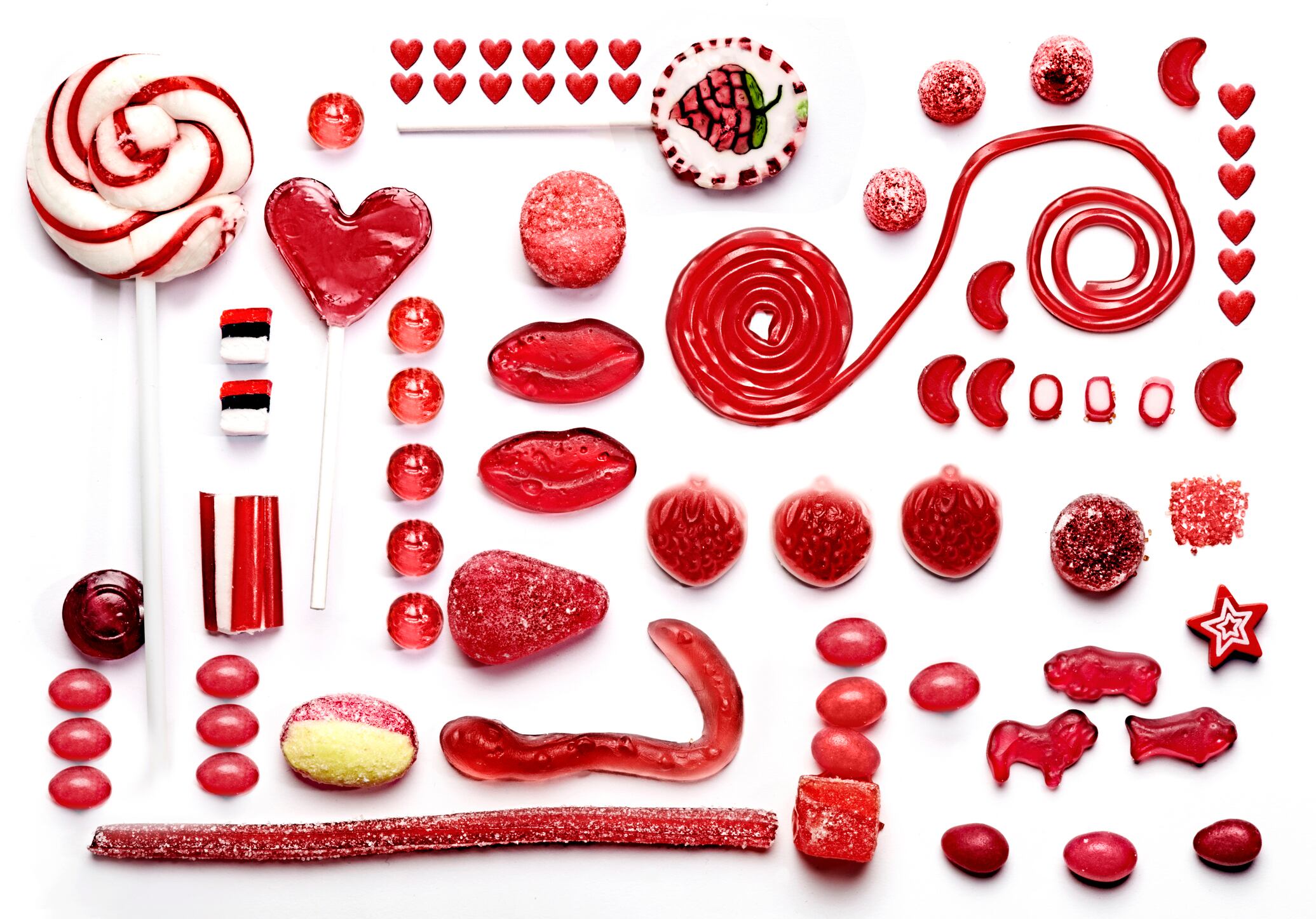 grid of red sweets and candy, gummy treats & food