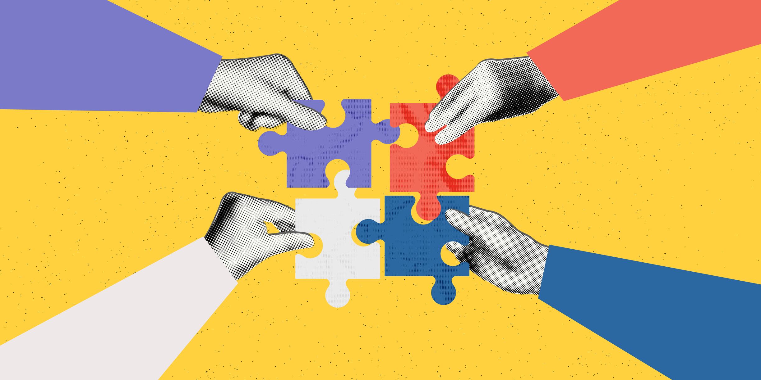 Trendy halftone collage of business concept. Teamwork, partnership and collaboration. Four diverse hands connecting jigsaw puzzle together. Modern retro mixed media vector illustration