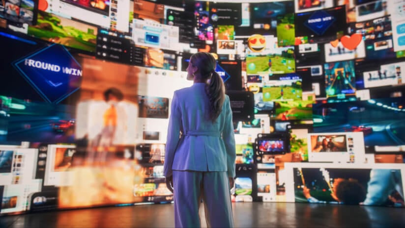 Woman facing a screen filled with social media