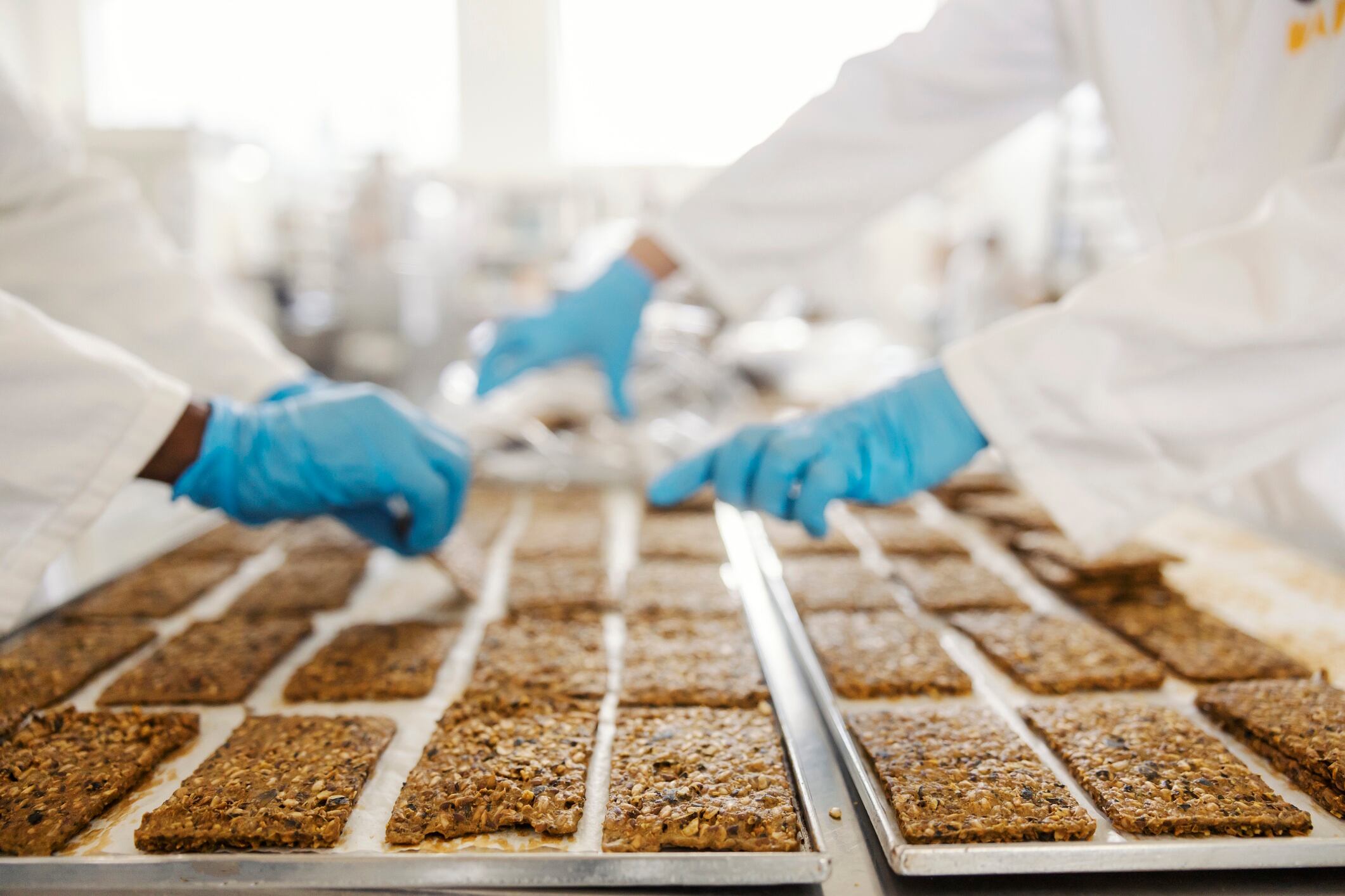 Selective focus on baked biscuits with hands in a blurry background collecting them at food plant dusanpetkovic GettyImages