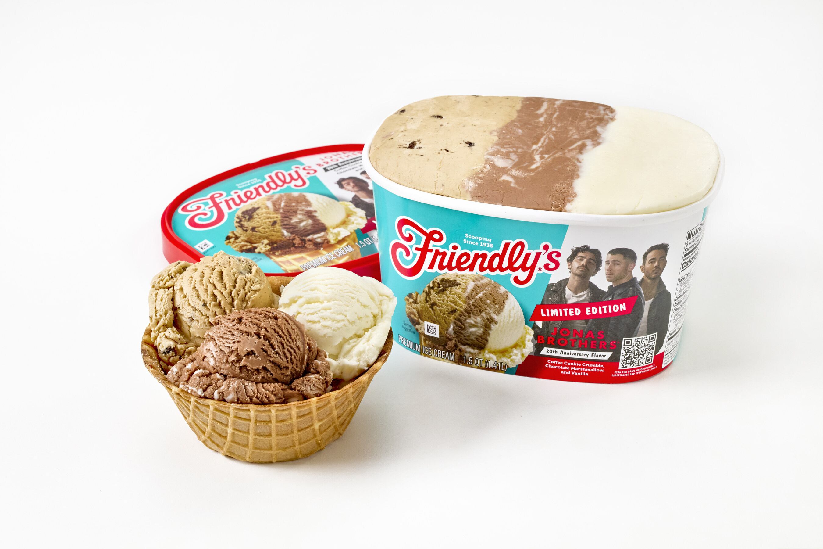 Jonas Brothers x Friendly's ice cream - Kevin's Coffee Cookie Crumble, Joe's Marshmallow Swirl, and Nick's Vanilla - is available for a limited time only.