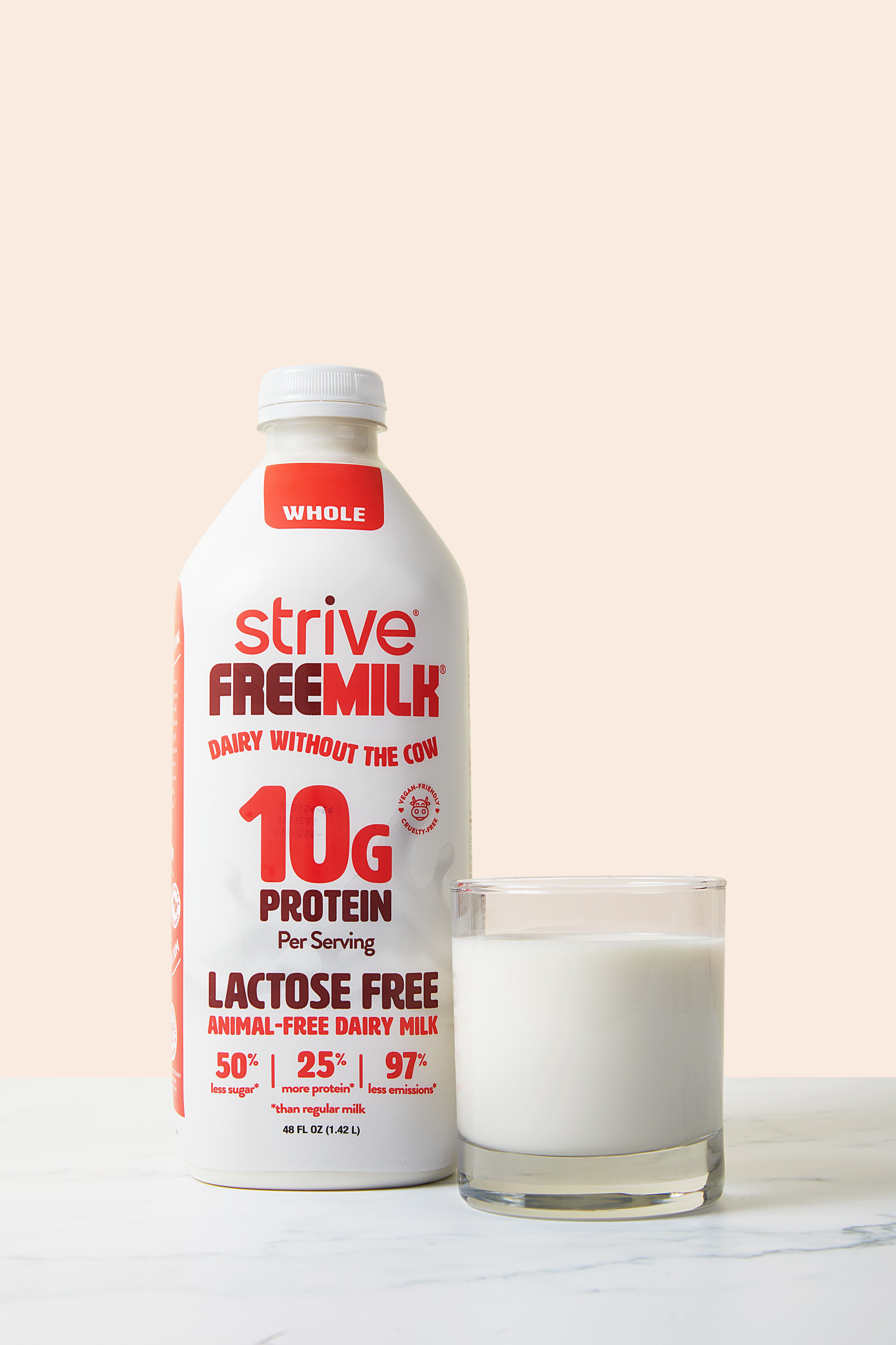 Strive Freemilk majors on protein and lactose-free claims while subtly highlighting its 'animal-free' origin.