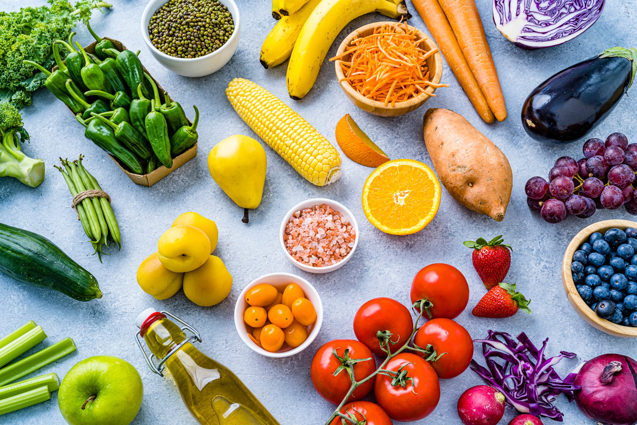 Healthy rainbow colored fruits and vegetables background. High resolution 42Mp studio digital capture taken with SONY A7rII and Zeiss Batis 40mm F2.0 CF lens
