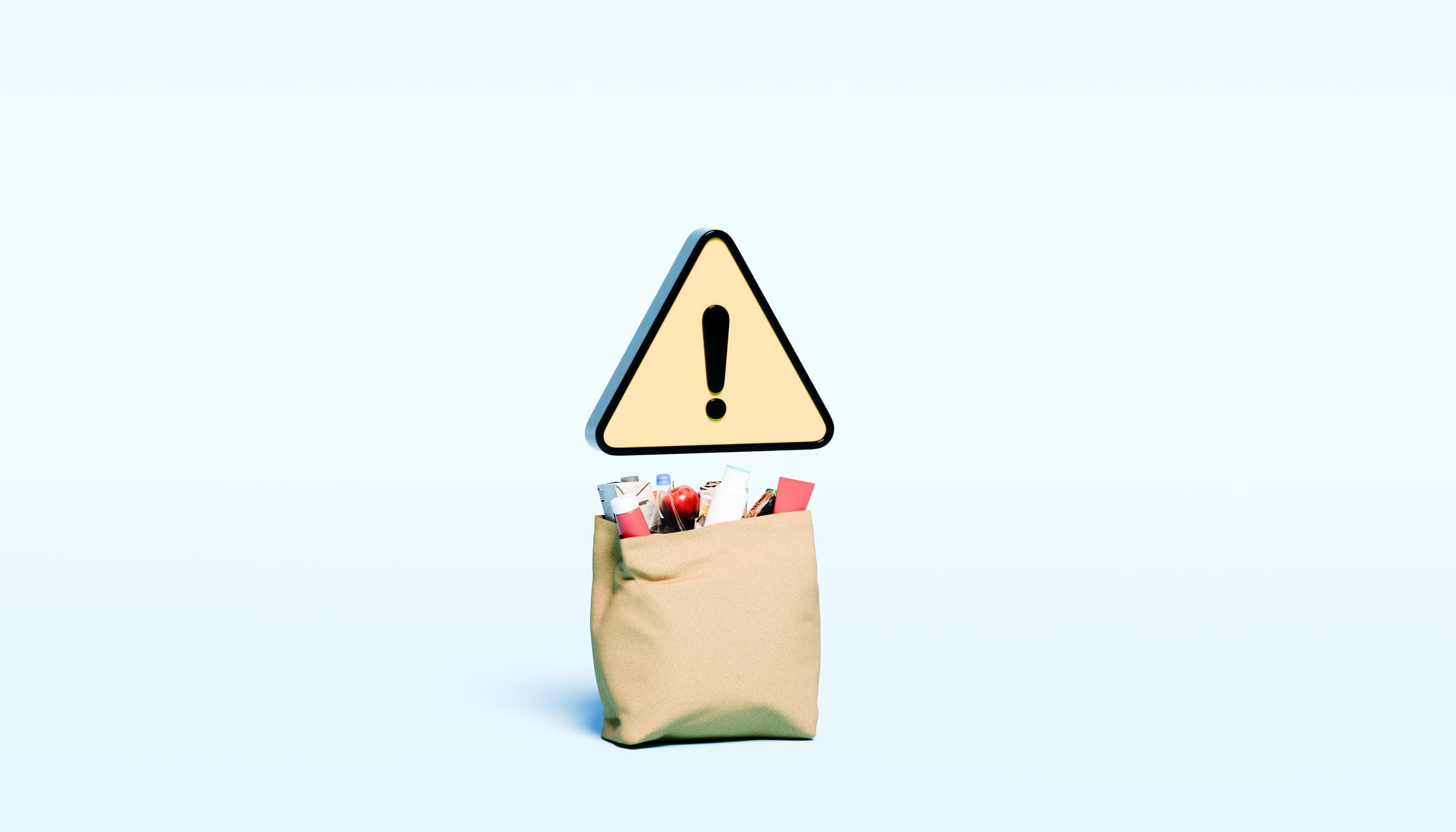 A thought-provoking image of a grocery shopping bag with a yellow warning triangle hovering above, symbolizing potential risks related to consumer safety, food quality, and shopping habits. This visual emphasizes the importance of being cautious when making purchasing decisions, highlighting concerns such as food recalls, product safety, and consumer protection. Ideal for use in marketing campaigns promoting food safety, grocery store regulations, and consumer awareness about health risks and product quality.