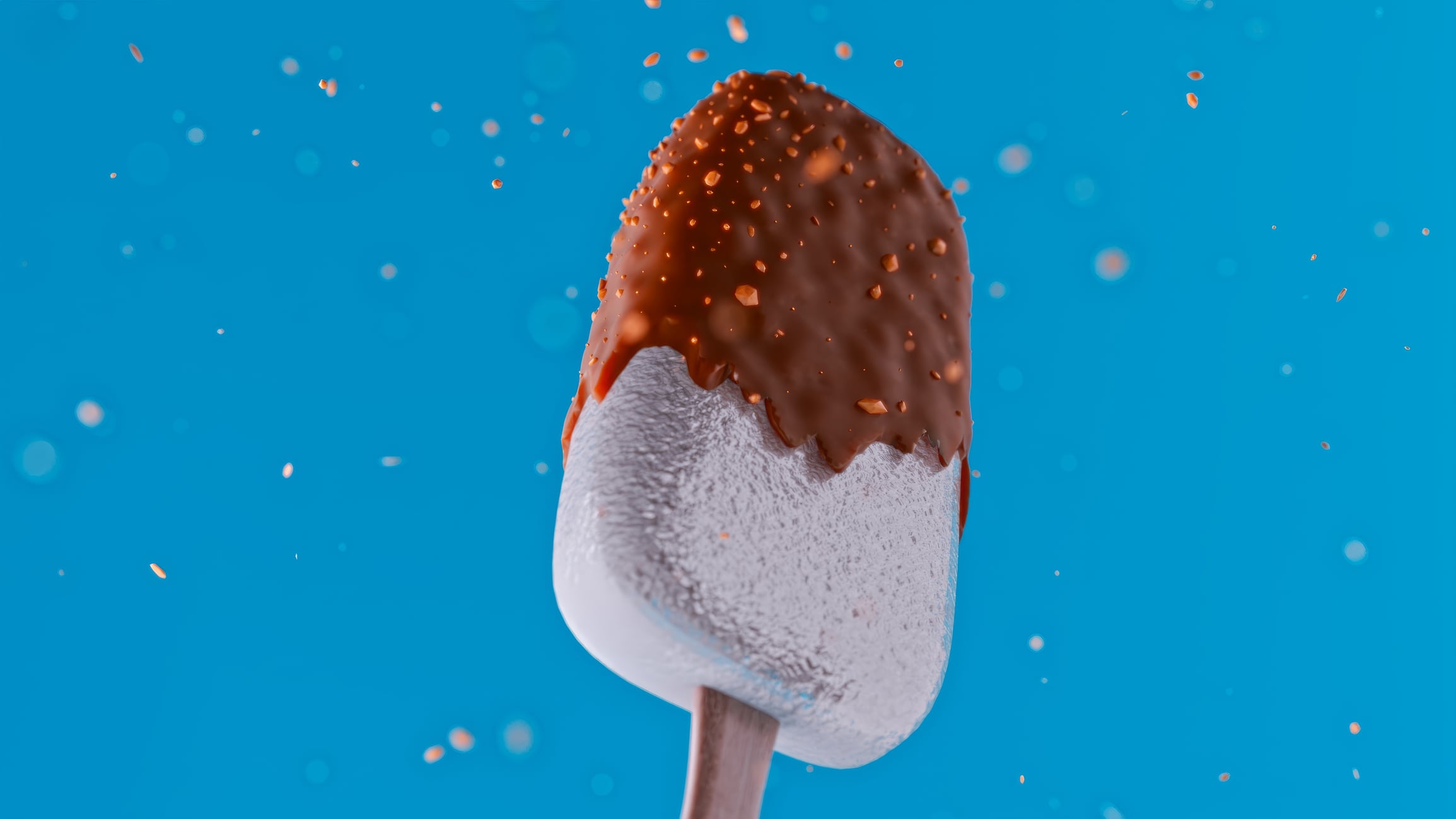 Partially melted chocolate ice cream bar exposing its white frozen core. Surrounded by floating nut particles on a vibrant blue background. Captures movement and texture for dynamic food advertising and packaging design.