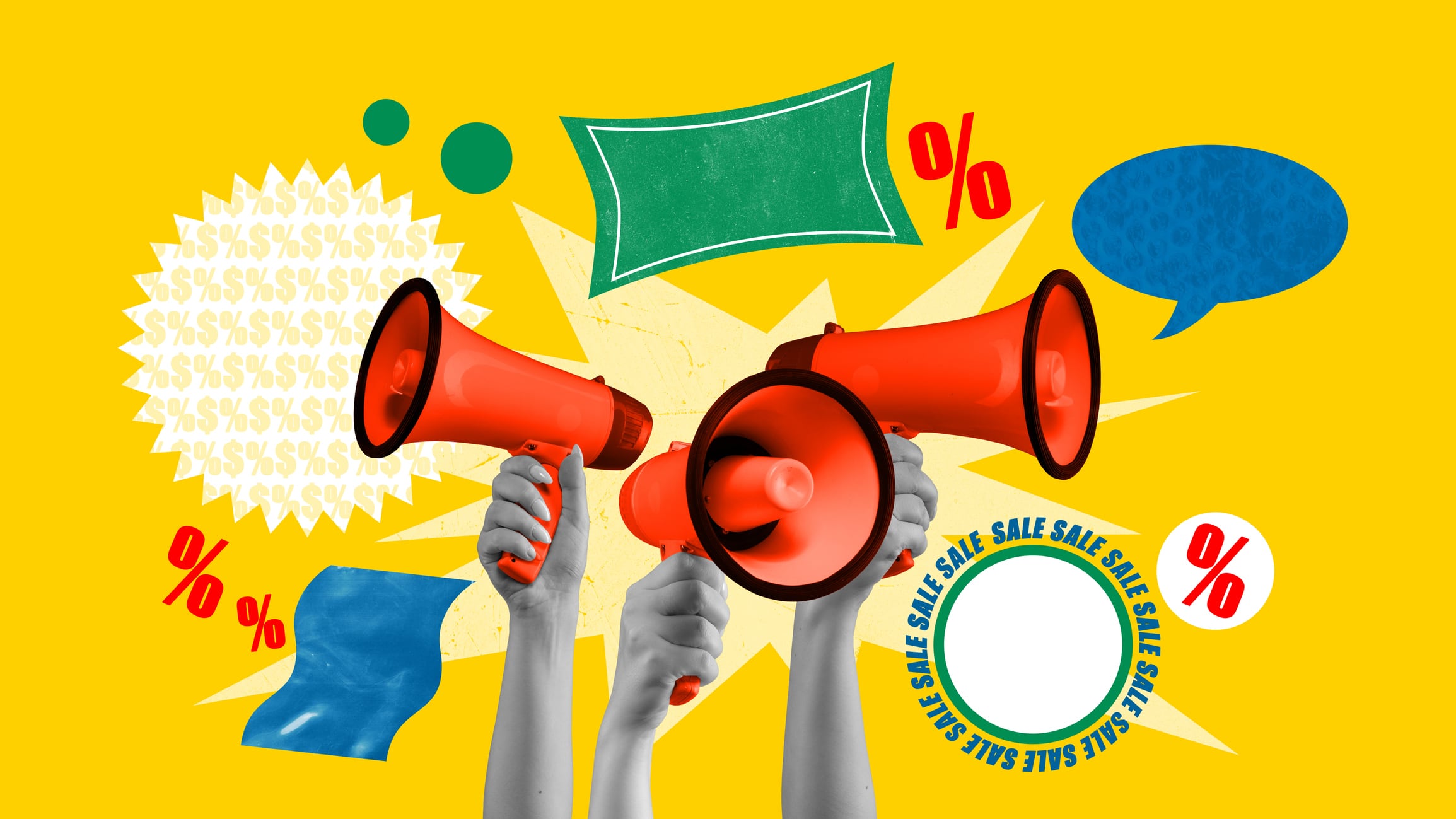 Contemporary art collage. Human hands with megaphones. Giant sales season,big shopping, price reduction. Colorful design. Concept of shopping, sales, Black Friday, creativity. Banner, ad