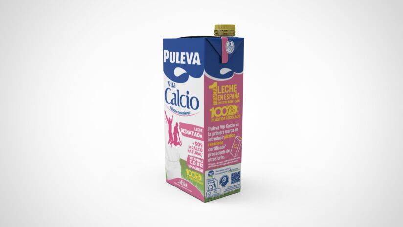 An image of a Tetra Pak aseptic carton made of recycled polymers featuring Puleva branding