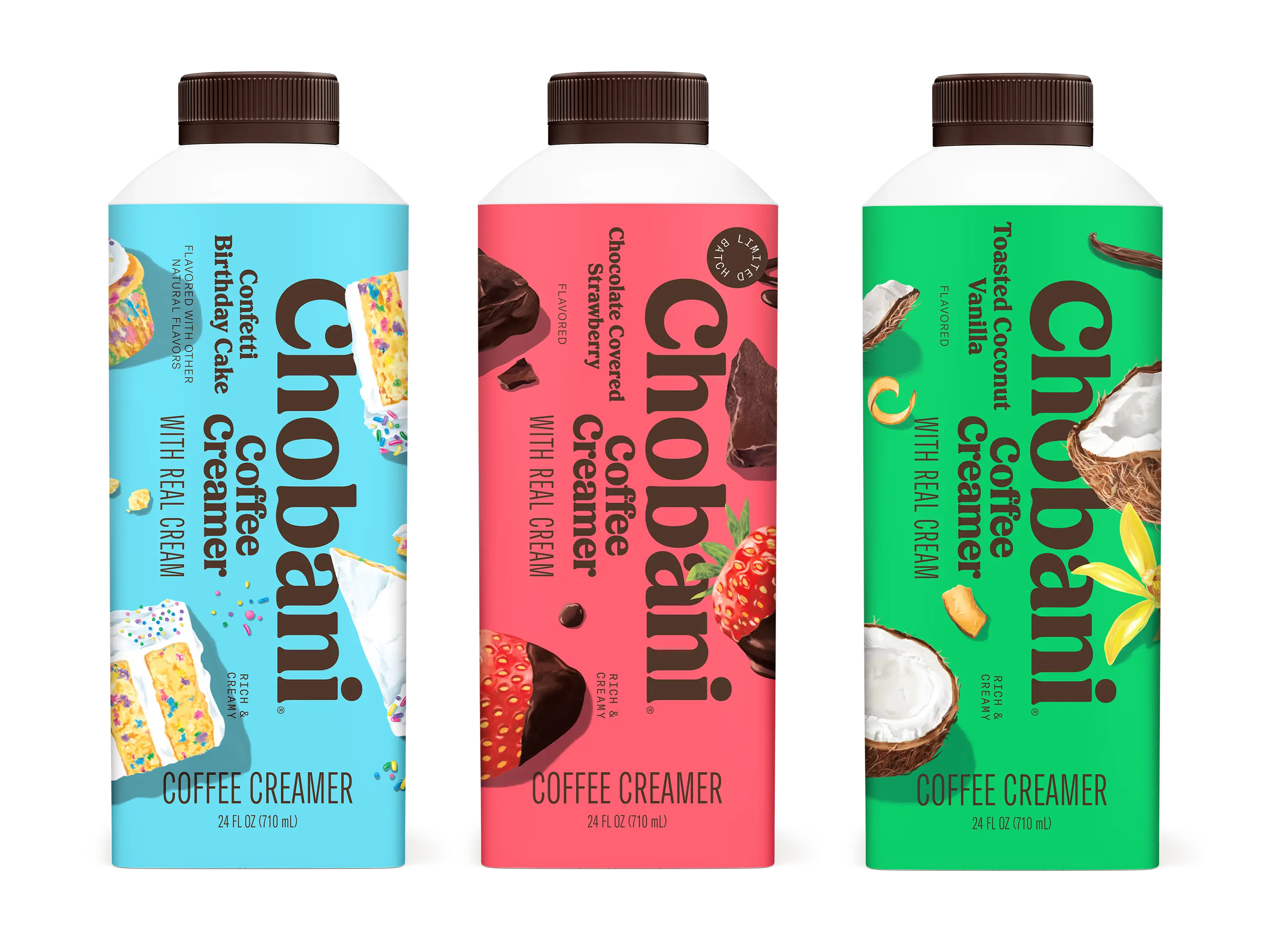 Chobani has released three new creamers including Confetti Birthday Cake, Chocolate Covered Strawberry, and Toasted Coconut Vanilla.