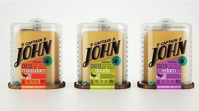 This packaging for Captain John cheese contains a built-in propeller-like knife.