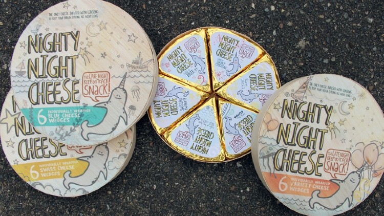 Nighty Night Cheese, designed to appeal to late-night snackers, features doodle-like decoration, starring a narwhal.