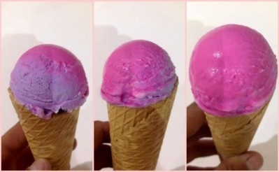 The ice cream changes from blue to pink as it melts 