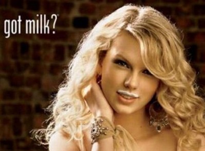 US singer Taylor Swift sporting a moustache (caused by milk, not bovine somatotropin)