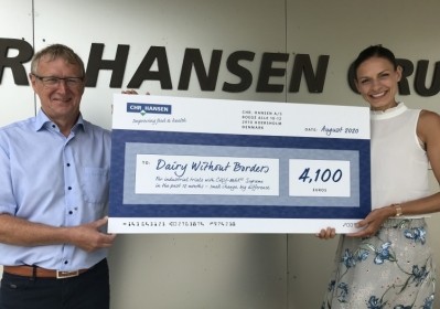Chr. Hansen made a donation to Dairy Without Borders.  Lars Dall Jensen, left, chairman of Dairy Without Borders, and Anne Katrine Irgens, senior commercial development manager, cheese enzymes, Chr. Hansen.  Pic: Chr. Hansen