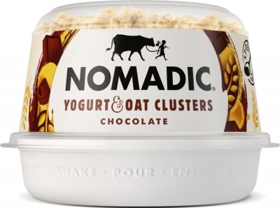 The eco-friendly format sees the yogurt and oat cluster pots now clip together, replacing the previous plastic wrap. Pic: Nomadic Dairy