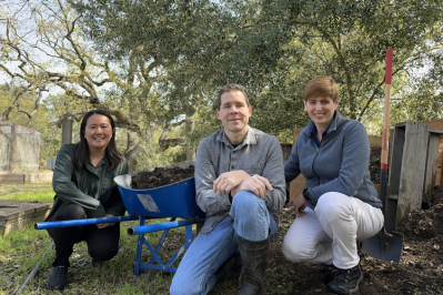 Windfall Bio CEO and founder Josh Silverman, PhD (center) with Judy Su, director of biology (left), and Carla Risso, director of environment. Photo via Windfall Bio