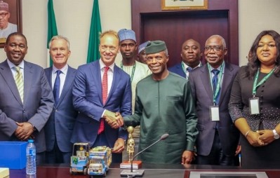 Managing director, FrieslandCampina WAMCO, Ben Langat; president consumer dairy, Royal FrieslandCampina, Roel van Neerbos; CEO, Royal FrieslandCampina, The Netherlands, Hein Schumacher; Vice President of Nigeria, Prof. Yemi Osinbajo; chairman, FrieslandCampina WAMCO, Jacobs Ajekigbe and corporate affairs director, Ore Famurewa, visited Nigeria’s Vice President in Abuja. Also in photo (rear) are DDP beneficiary, Musa Galadima and DDP manager, John Olayiwola.