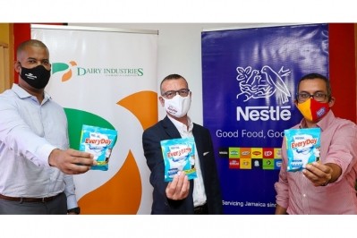 Left to right, Daniel Caron, country manager, NJL, Frank James, CEO of GraceKennedy Foods, Rakeesh Bernard, operations manager, Dairy Industries Jamaica Limited. Pic: Nestlé
