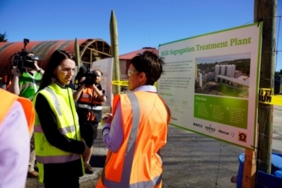 Westland Milk Products CEO Toni Brendish (right) shows Prime Minister Jacinda Ardern the site for Westland's new segregation milk plant.