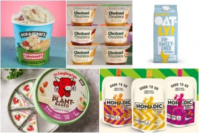 Image sources, clockwise from top left: Ben & Jerry's, Chobani, Oatly, Nomadic Dairy, Bel Brands USA. Collage: Dairy Reporter
