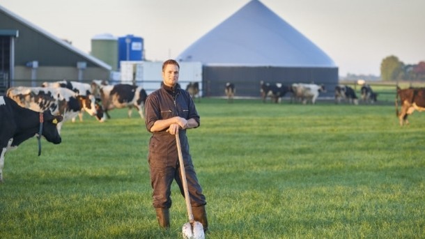 A dairy farmer at the first monofermentation system at a dairy farm in Hinnaard, the Netherlands.
