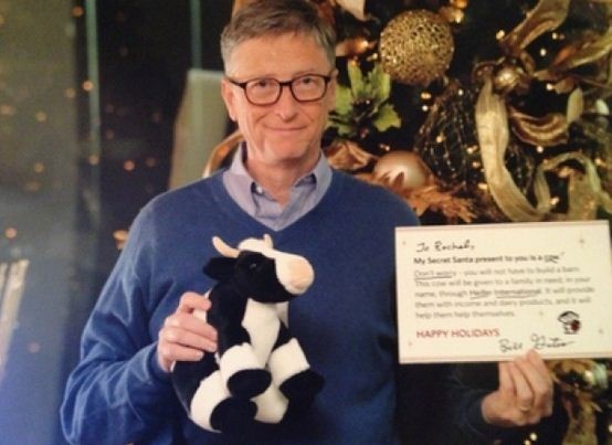 In a worldwide Secret Santa hosted by Reddit, Bill Gates donated a cow to a family in a third-world country through Heifer International on behalf of a woman from New York.