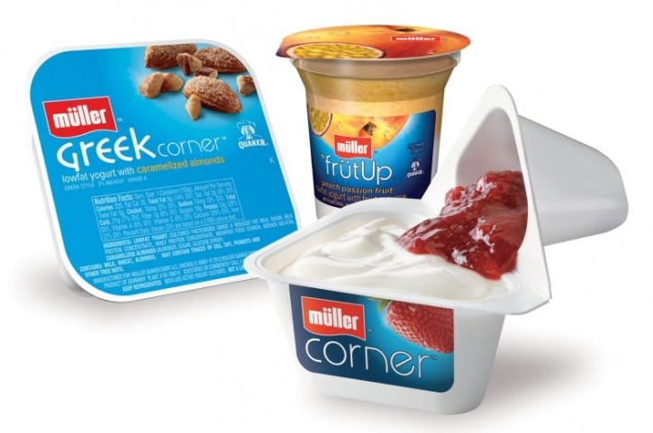 The first three products from Muller in the US are Muller Corner (yogurt with a side compartment of toppings you add yourself, Muller Greek Corner, and Muller FrutUp (yogurt and fruit mousse).