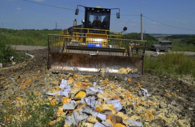 Russian authorities destroyed 9 tonnes of cheese in one location yesterday, with media reports claiming more than 300 tonnes of illegally imported food was destroyed inthe first day. [Image credit: Reuters]