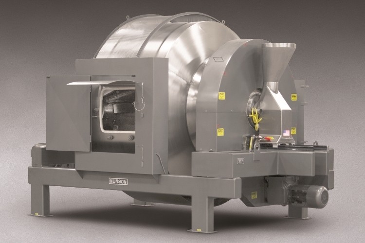 Munson Model 700-TH-140-SS Rotary Batch Mixer with integral spray line blends dry bulk solids with liquid coatings, flavorings or impregnations.
