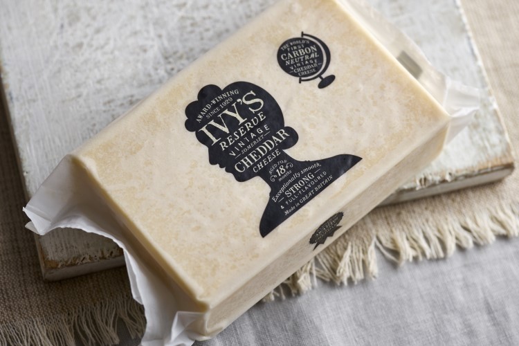 Wyke Farms displays a carbon-neutral claim on the packaging of its Ivy's Reserve aged cheddar. Image: Wyke Farms
