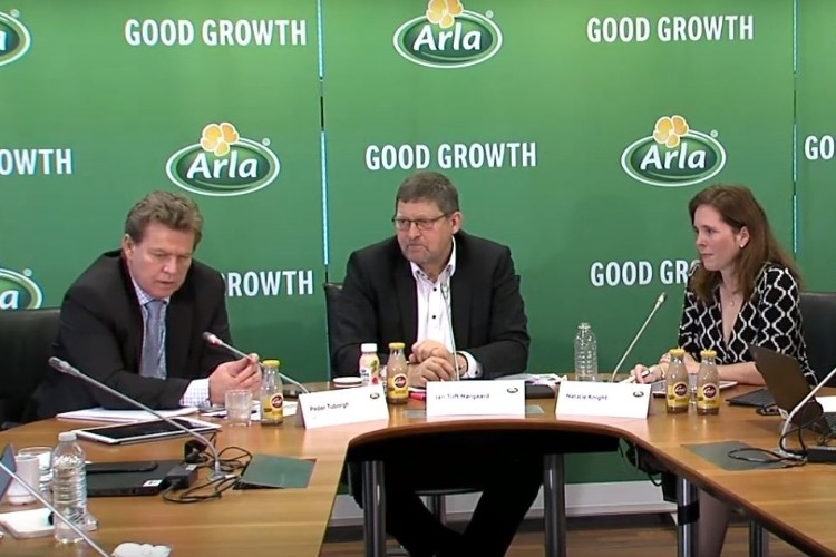Arla Foods CEO Peder Tuborgh, Chairman Jan Toft Nørgaard and CFO Natalie Knight answer questions at the 2018 annual results press conference.