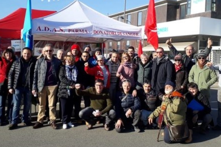Workers demonstrate at the Froneri plant in Parma, Italy. Pic:IUF