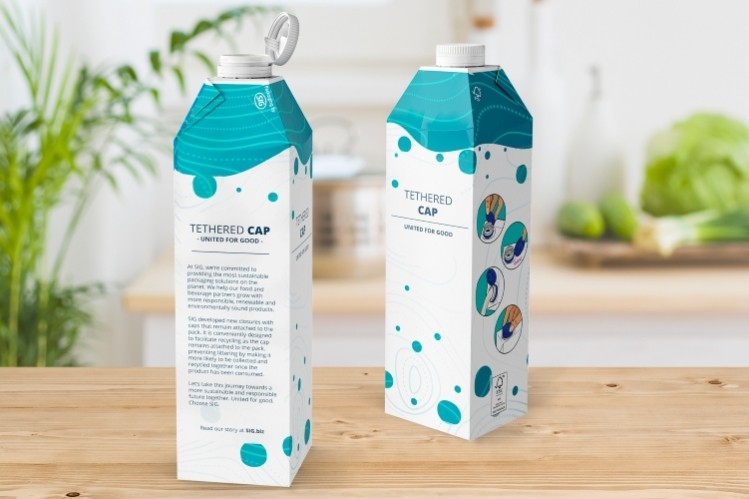 Compatible with existing filling machines, SIG’s tethered caps are designed to prevent litter and ensure caps are recycled along with cartons. They will be launched in the second half of 2021, ahead of the July 2024 deadline set by EU regulations.  Pic: SIG               