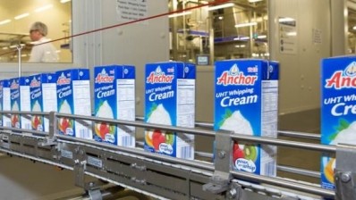 Anchor UHT cream coming off the production line at Fonterra’s Waitoa UHT site ready for export.
