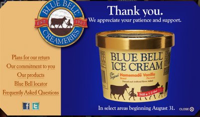 Blue Bell will distribute ice cream to select markets on August 31