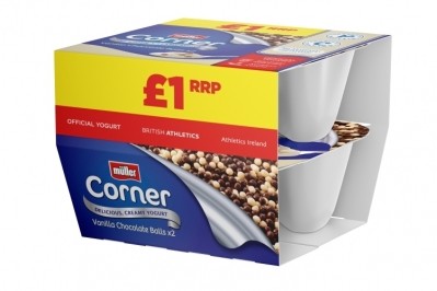 The price marked pack range consists of a two pack of Müller Corner Strawberry and a two pack of Müller Corner Vanilla Chocolate Balls. Pic: Müller 