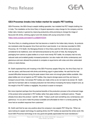 GEA Procomac breaks into Indian market for aseptic PET bottling